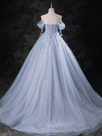Blue A-Line Off Shoulder Tulle Long Evening Prom Dress, Blue Evening Dress