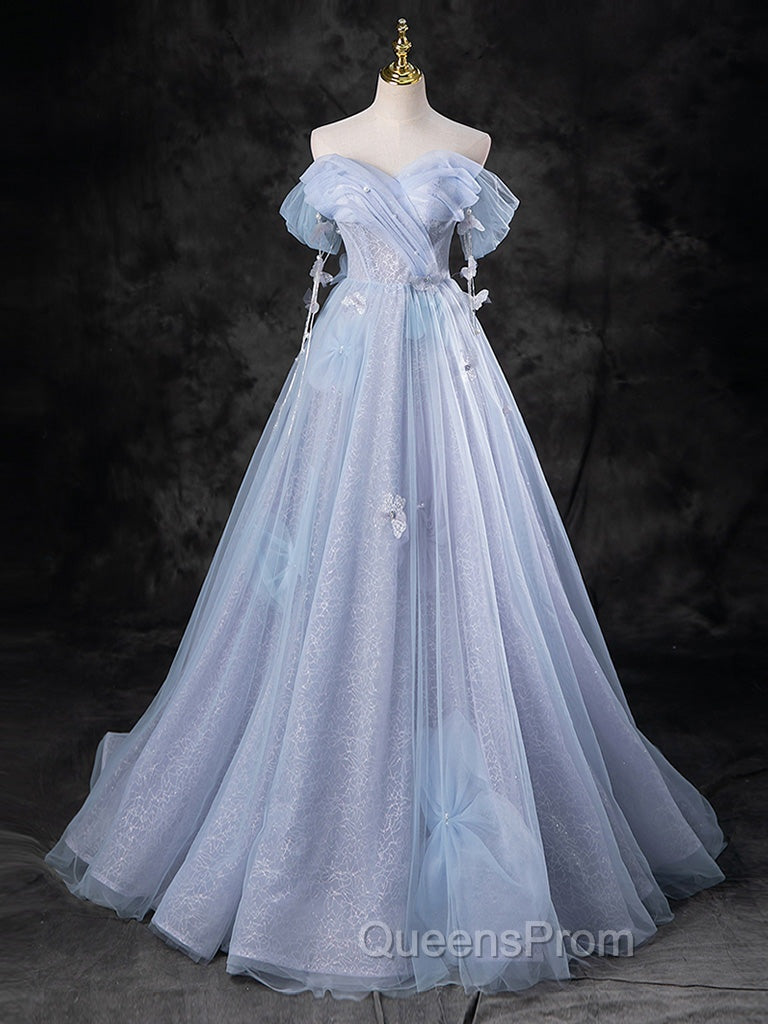 Blue A-Line Off Shoulder Tulle Long Evening Prom Dress, Blue Evening Dress