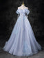 Blue A-Line Off Shoulder Tulle Long Evening Prom Dress, Blue Evening Dress
