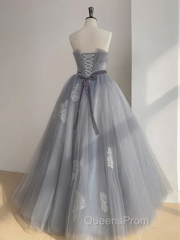 A Line Strapless Appliques Gray Tulle Long Evening Prom Dress Evening Dress