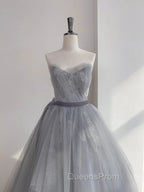 A Line Strapless Appliques Gray Tulle Long Evening Prom Dress Evening Dress