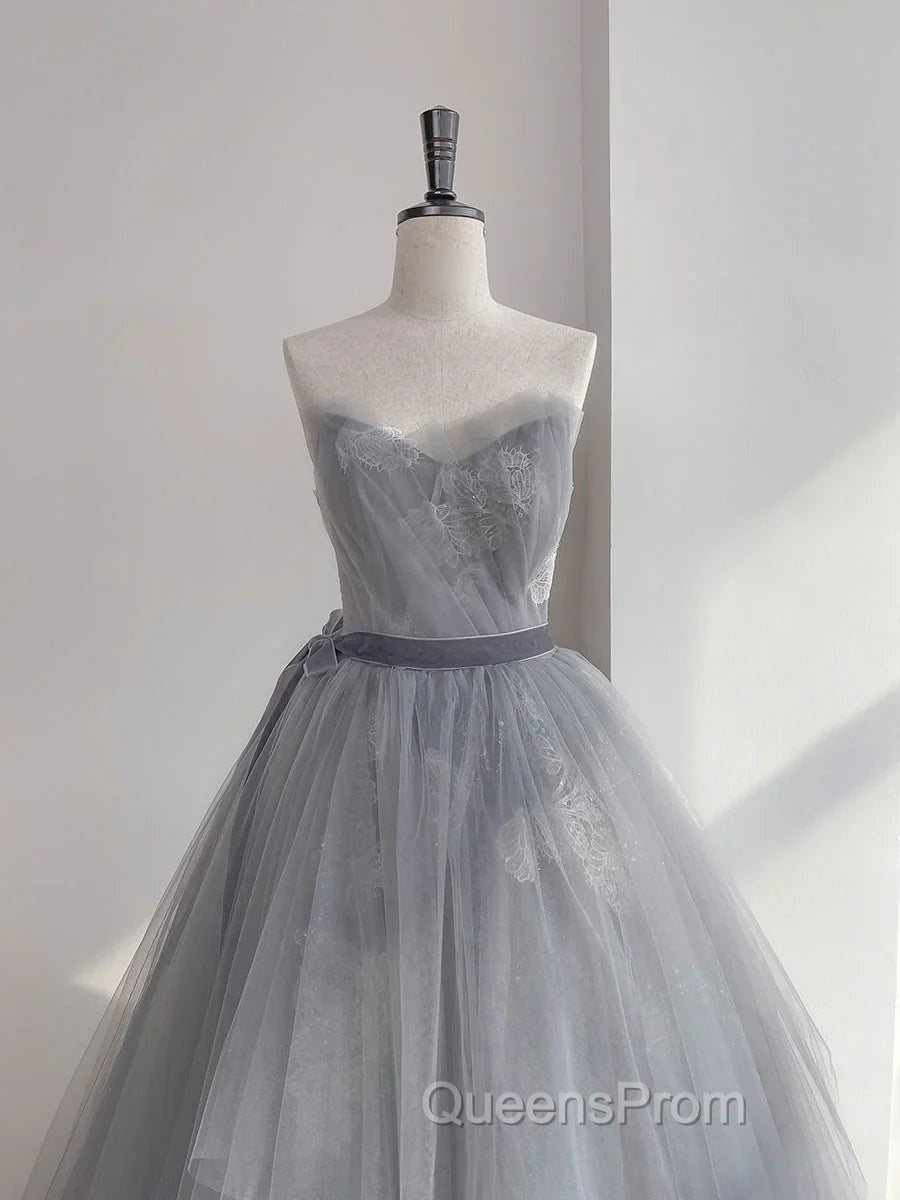 A Line Strapless Appliques Gray Tulle Long Evening Prom Dress Evening Dress