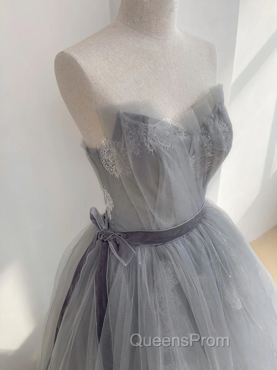 A Line Strapless Appliques Gray Tulle Long Evening Prom Dress Evening Dress
