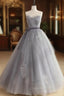 A Line Strapless Appliques Gray Tulle Long Evening Prom Dress Evening Dress