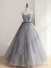 A Line Strapless Appliques Gray Tulle Long Prom Dress Evening Dress