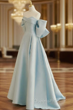 Blue A-Line Satin Long Evening Prom Dress, Blue Satin Evening Dress