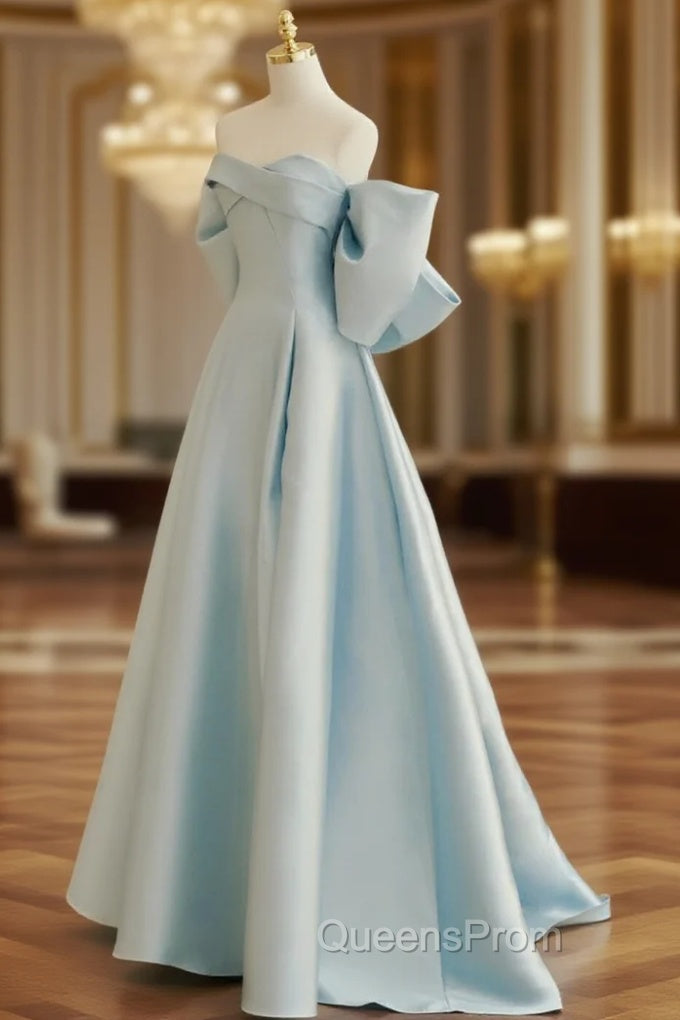 Blue A-Line Satin Long Evening Prom Dress, Blue Satin Evening Dress