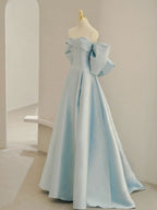 Blue A-Line Satin Long Classy Prom Dress, Blue Satin Classy Evening Dress