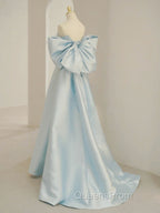 Blue A-Line Satin Long Evening Prom Dress, Blue Satin Evening Dress