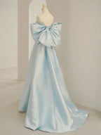 Blue A-Line Satin Long Classy Prom Dress, Blue Satin Classy Evening Dress