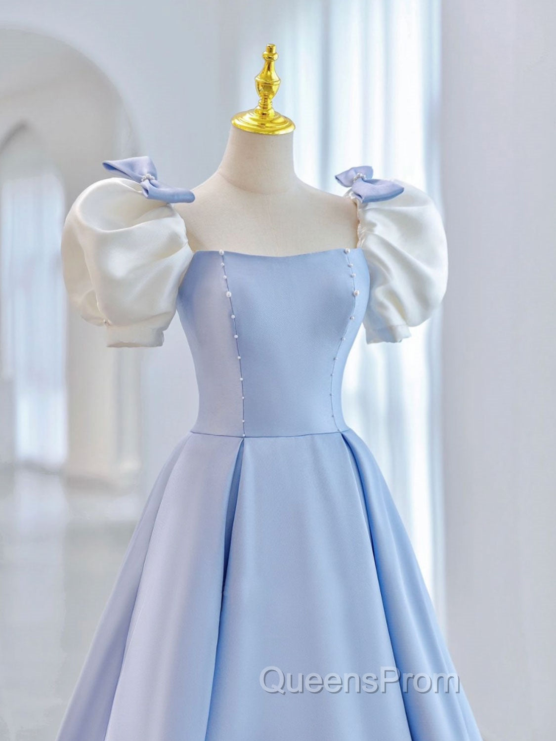 Blue A-Line Satin Long Evening Prom Dress, Blue Satin Evening Dress