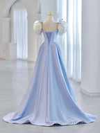 Blue A-Line Satin Long Evening Prom Dress, Blue Satin Evening Dress