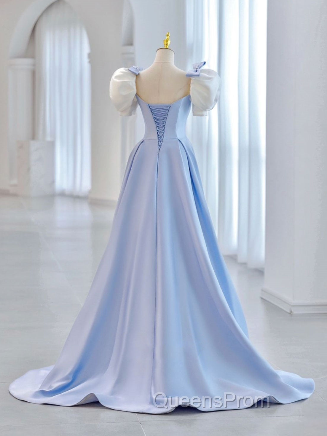 Blue A-Line Satin Long Evening Prom Dress, Blue Satin Evening Dress