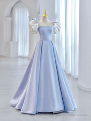 Blue A-Line Satin Long Prom Dresses, Blue Satin Formal Evening Dress
