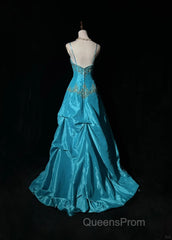 Blue A-Line Spaghetti Straps Satin Beaded Long Evening Prom Dress Sweetheart Neck Applique Graduation Evening Prom Dress