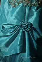 Blue A-Line Spaghetti Straps Satin Beaded Long Evening Prom Dress Sweetheart Neck Applique Graduation Evening Prom Dress