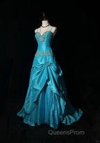 Blue A-Line Spaghetti Straps Satin Beaded Long Evening Prom Dress Sweetheart Neck Applique Graduation Evening Prom Dress