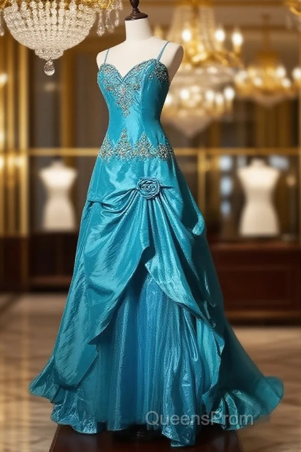 Blue A-Line Spaghetti Straps Satin Beaded Long Evening Prom Dress Sweetheart Neck Applique Graduation Evening Prom Dress Main image