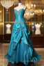 Blue A-Line Spaghetti Straps Satin Beaded Long Evening Prom Dress Sweetheart Neck Applique Graduation Evening Prom Dress