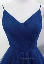 Blue A-line Straps Tulle Layers Long Party Dress, Blue Long Evening Prom Dress