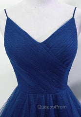 Blue A-line Straps Tulle Layers Long Party Dress, Blue Long Evening Prom Dress