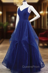 Blue A-line Straps Tulle Layers Long Party Dress, Blue Long Evening Prom Dress