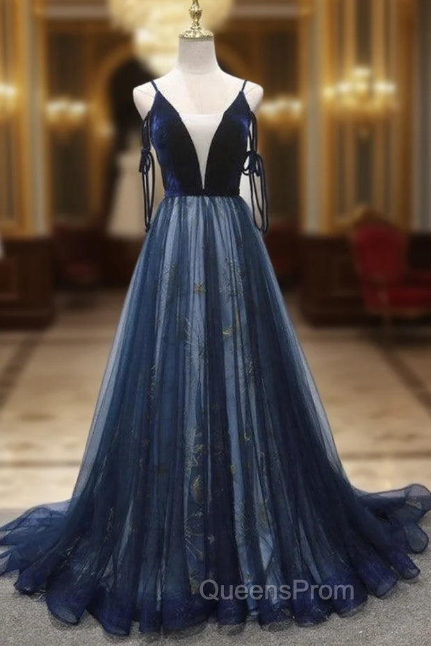 Blue A-line Straps Tulle Long Evening Dress Party Dress, Blue Bridesmaid Dress Secondary image