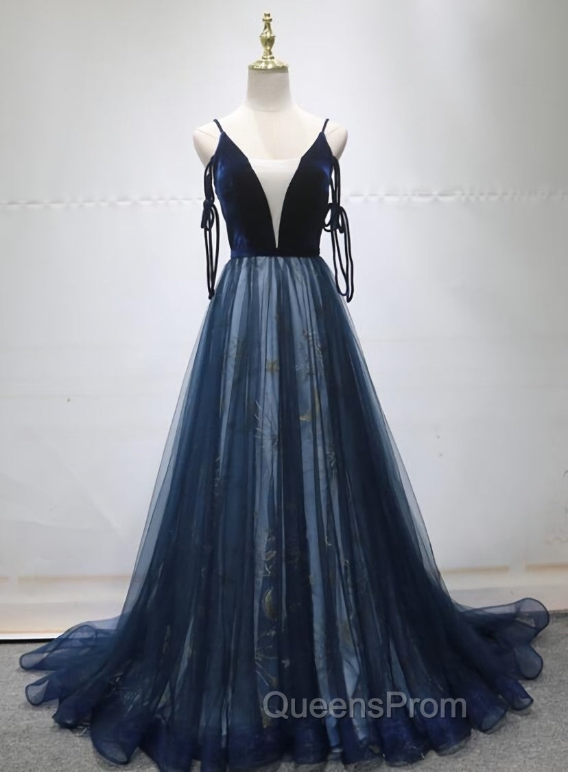 Blue A-line Straps Tulle Long Evening Dress Party Dress, Blue Bridesmaid Dress Main image