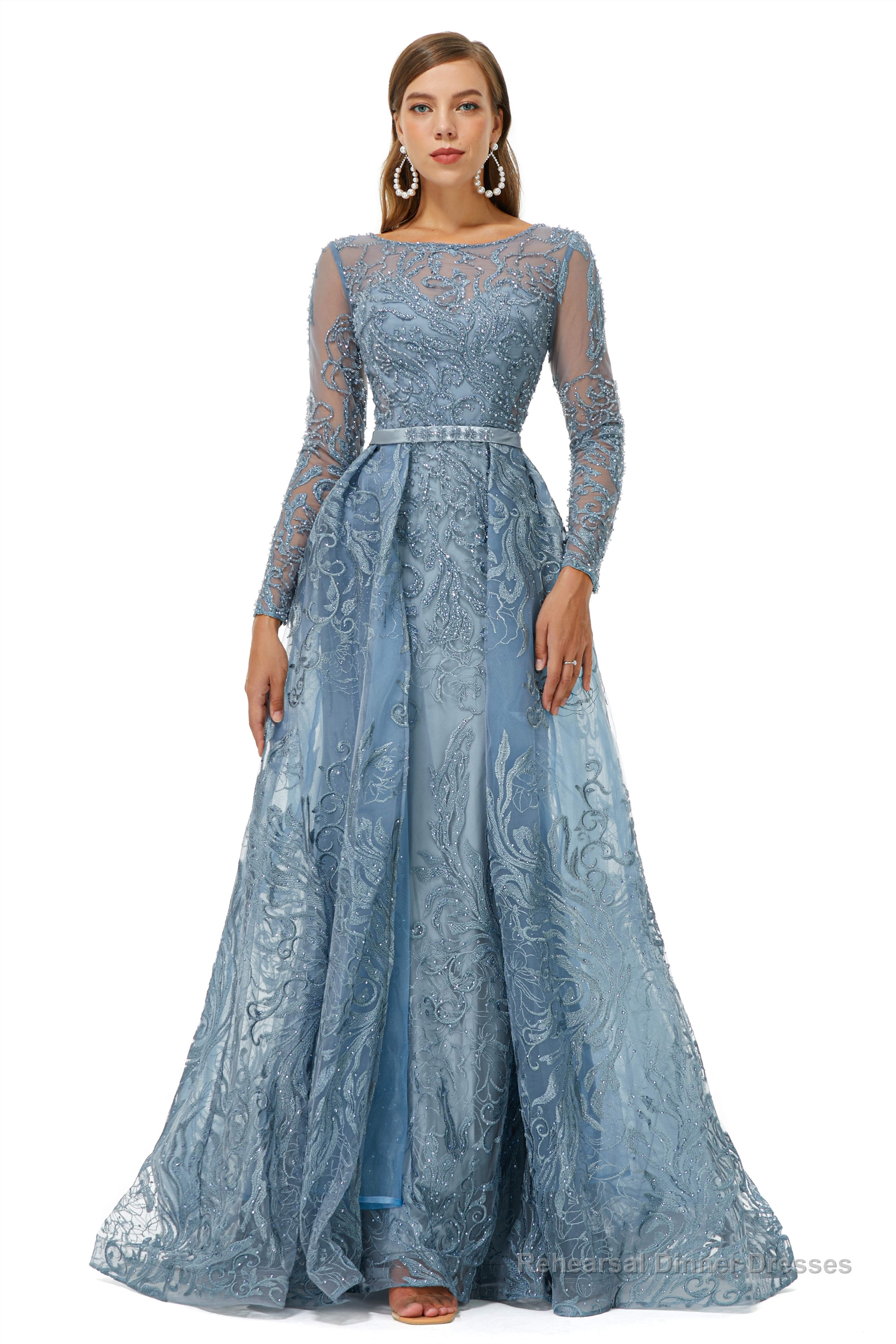 A-Line Tulle Beading Mermaid Long sleeves Prom Dresses with Overskirt