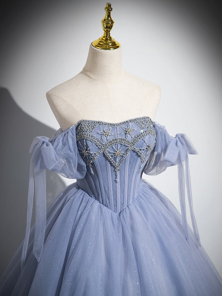Blue A-Line Tulle Beads Long Classy Prom Dress, Blue Long Classy Dress Secondary image