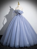 Blue A-Line Tulle Beads Long Classy Prom Dress, Blue Long Classy Dress