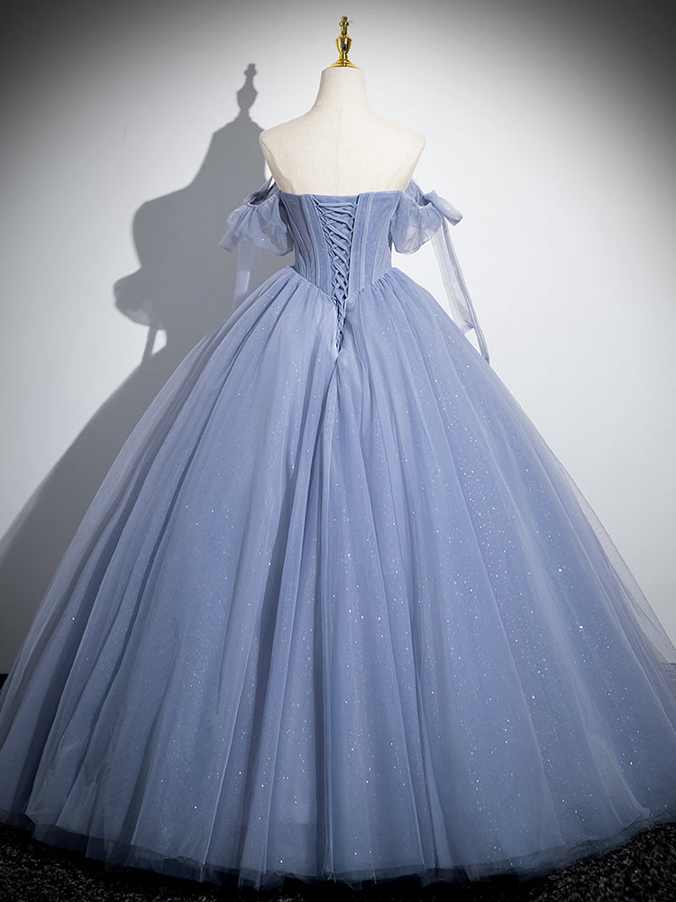 Blue A-Line Tulle Beads Long Classy Prom Dress, Blue Long Classy Dress