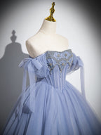 Blue A-Line Tulle Beads Long Classy Prom Dress, Blue Long Classy Dress