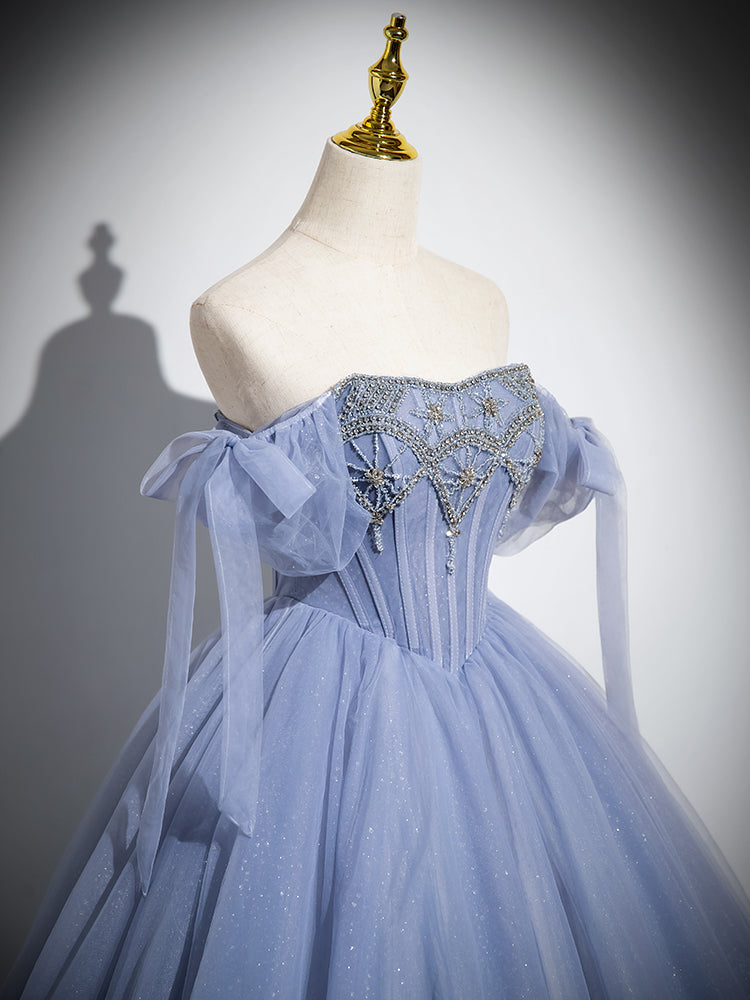 Blue A-Line Tulle Beads Long Classy Prom Dress, Blue Long Classy Dress