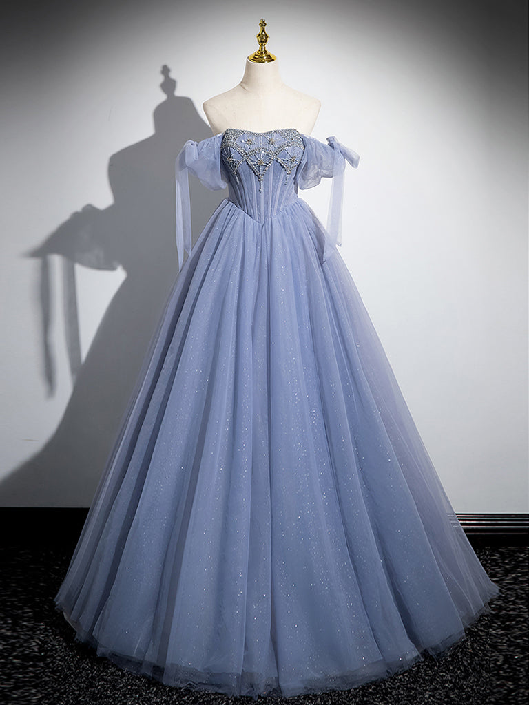 Blue A-Line Tulle Beads Long Classy Prom Dress, Blue Long Classy Dress Main image