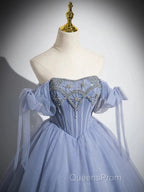 Blue A-Line Tulle Beads Long Evening Prom Dress, Blue Long Formal Dress