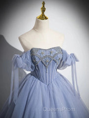 Blue A-Line Tulle Beads Long Evening Prom Dress, Blue Long Formal Dress