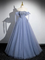 Blue A-Line Tulle Beads Long Classy Prom Dress, Blue Long Classy Dress