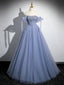 Blue A-Line Tulle Beads Long Classy Prom Dress, Blue Long Classy Dress