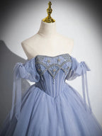 Blue A-Line Tulle Beads Long Classy Prom Dress, Blue Long Classy Dress