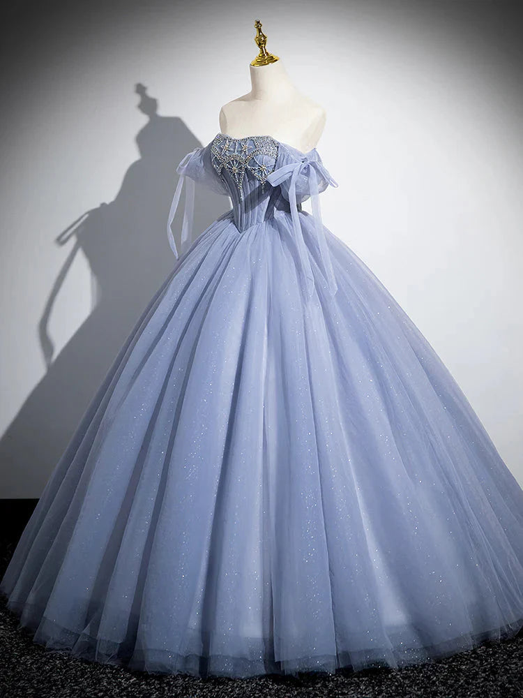 Blue A-Line Tulle Beads Long Classy Prom Dress, Blue Long Classy Dress
