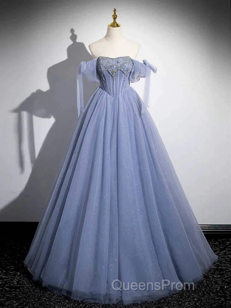 Blue A-Line Tulle Beads Long Evening Prom Dress, Blue Long Formal Dress