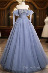 Blue A-Line Tulle Beads Long Evening Prom Dress, Blue Long Formal Dress