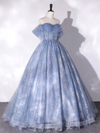 Blue A-Line Tulle Lace Long Evening Prom Dress, Blue Formal Graduation Dress
