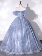 Blue A-Line Tulle Lace Long Evening Prom Dress, Blue Formal Graduation Dress