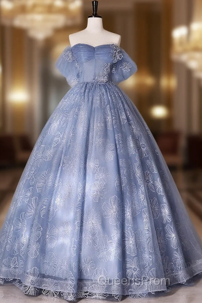 Blue A-Line Tulle Lace Long Evening Prom Dress, Blue Formal Graduation Dress Main image