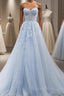 Blue A line tulle lace long Evening Prom Dress blue lace formal Dress