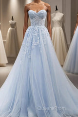 Blue A line tulle lace long Evening Prom Dress blue lace formal Dress