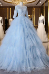 Blue A-Line Tulle Lace Long Evening Prom Dress, Blue Lace Evening Dress