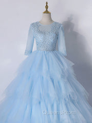 Blue A-Line Tulle Lace Long Evening Prom Dress, Blue Lace Evening Dress